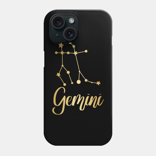 Gemini Zodiac Constellation in Gold - Black Phone Case by Kelly Gigi