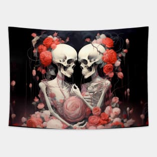 Happy Halloween: Halloween Skeletons in Love on a Dark Background Tapestry