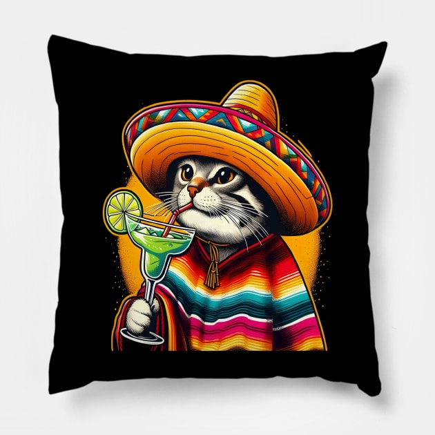 Cat Drinking Margarita Mexican Poncho Cat Lover Pillow by justingreen