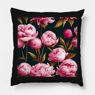 Pretty Pink Peony Flower Pattern on Black Background Pillow