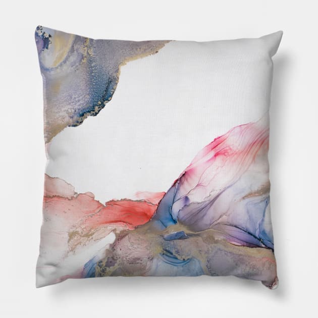 Abstract painted with alcohol ink. Sparkling red, blue, purple, gold color. The style includes marble swirls or agate ripples. Pillow by MariDein