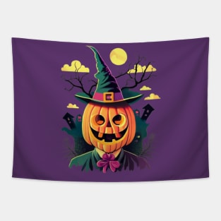 Pumpkin man with a green witch hat Tapestry