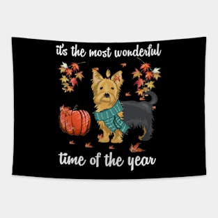 Yorkie Dog Autumn Fall Most Wonderful Time Maple Gift Tapestry