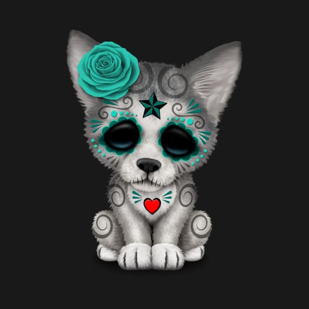 Blue Day of the Dead Sugar Skull Wolf Cub by jeffbartels