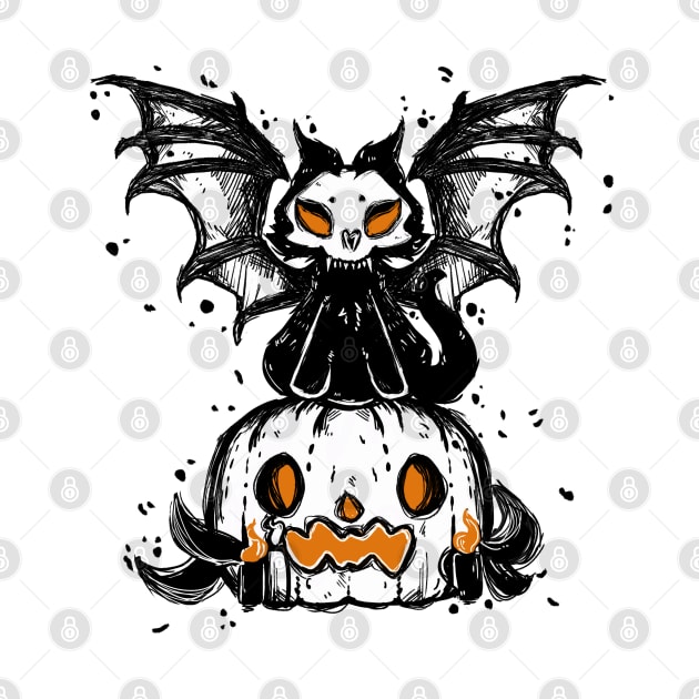 Halloween pumpkin and spooky cat vampire 2022 decoration ink drawing by astronauticarte