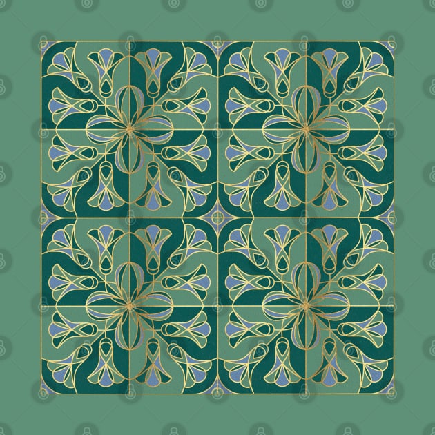 Art Deco Tile Floral. Green, Blue and Gold by lents