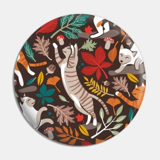 Autumn joy // pattern // brown oak background cats dancing with many leaves in fall colors Pin