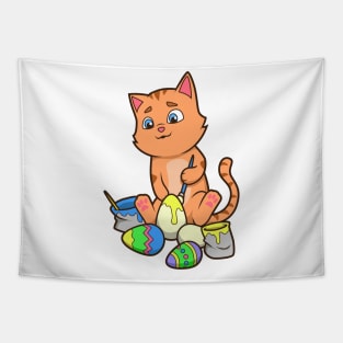 Cute cat painting easter eggs on easter day Tapestry