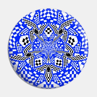 Blue Black and White Checkered Circular Mandala Pin