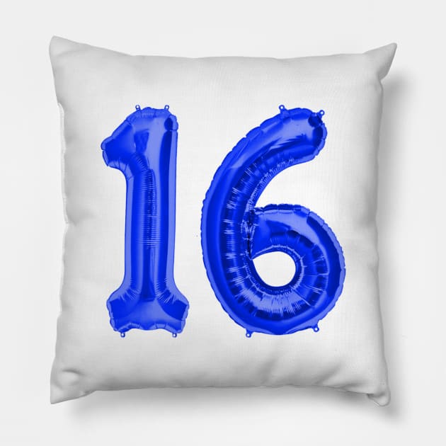 Royal Blue 16th Birthday Metallic Helium Balloons Numbers Pillow by podartist