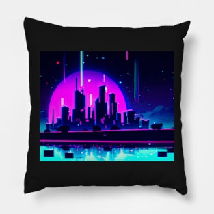 Cyan synthwave city Pillow