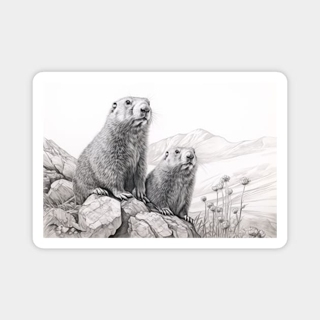 Marmot Animal Discovery Wild Nature Ink Sketch Style Magnet by Cubebox