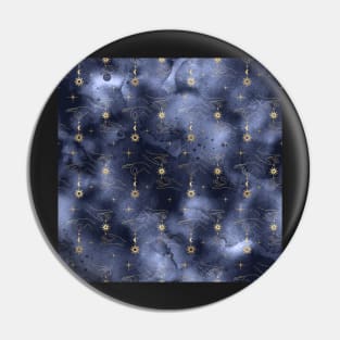 Golden Sun Moon Star on String Hand Navy Blue Pin