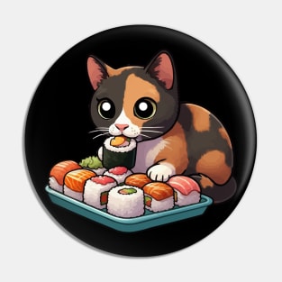 Tortie Cat Eating Sushi Pin