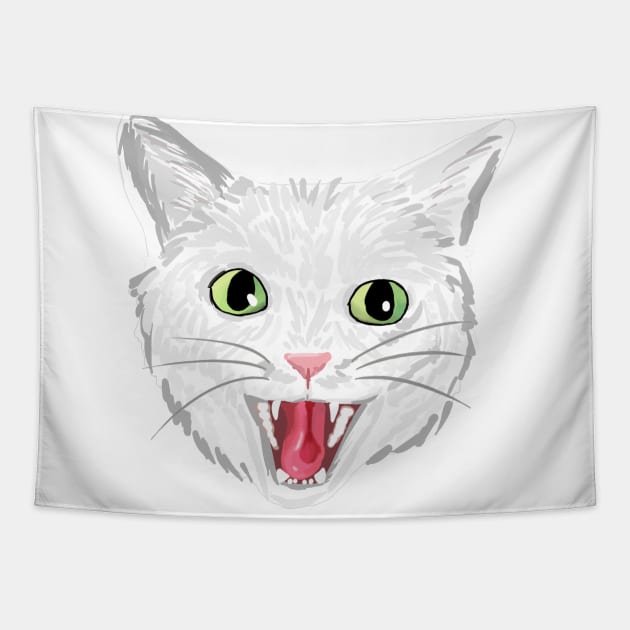 White cat hissing (green eyes) Tapestry by michelleachan