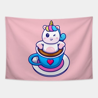 Cute Unicorn Relaxing In Coffee Cup Cartoon Tapestry