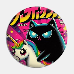 Mystical Black Cat Riding Colorful Unicorn Pin