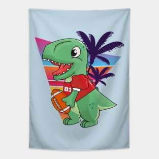 Cute green dinosaur playing American football, retro and palms background Tapestry