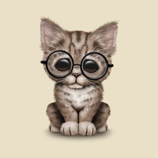 Cute Brown Tabby Kitten Wearing Eye Glasses T-Shirt