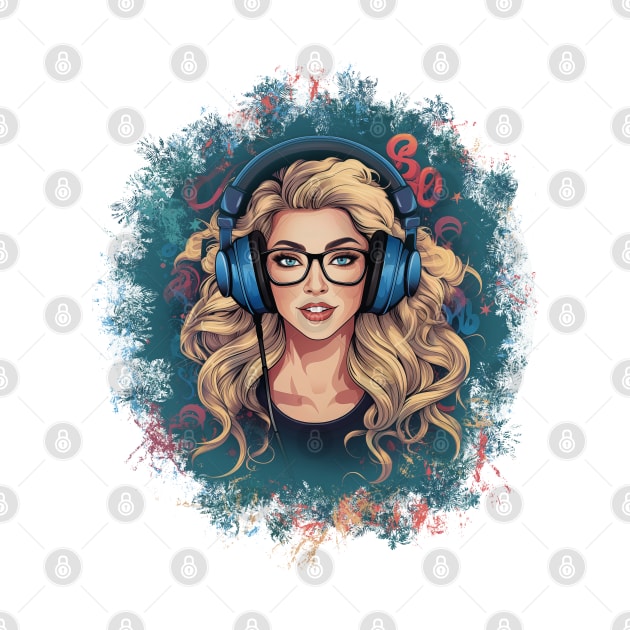 Illustration - Stylish Blonde Lady Immersed in Music, Enjoying the Beats with Headphones in a Chic Design Setting. by Art KateDav