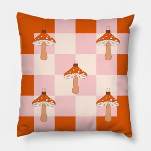 Vintage Merry Mushrooms. Retro vintage Christmas pattern with groovy toys of mushroom on checkerboard background. Pillow