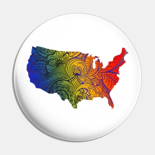 Colorful mandala art map of the United States of America in blue, yellow and red with dark hues Pin