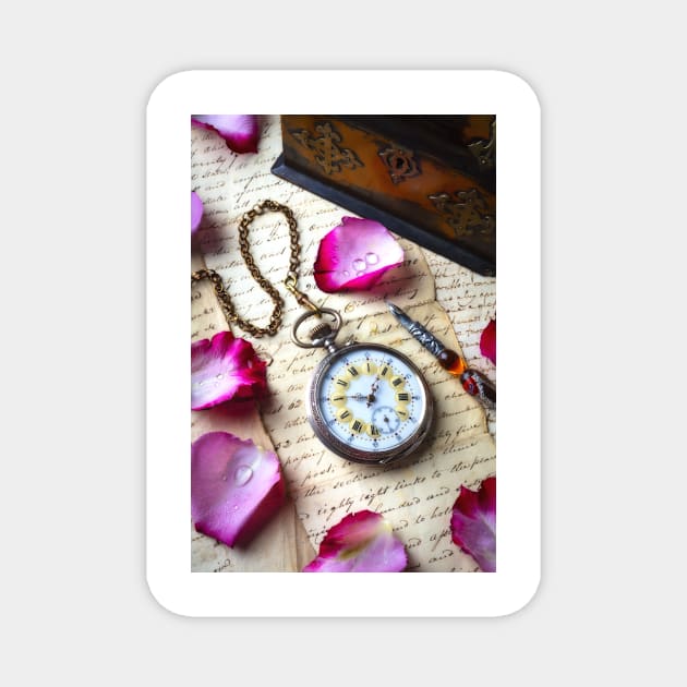 Old pocket Watch And Rose Petals Magnet by photogarry