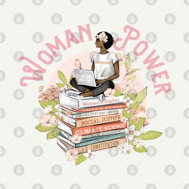 Woman Power - Floral Black Woman on Books by Jitterfly