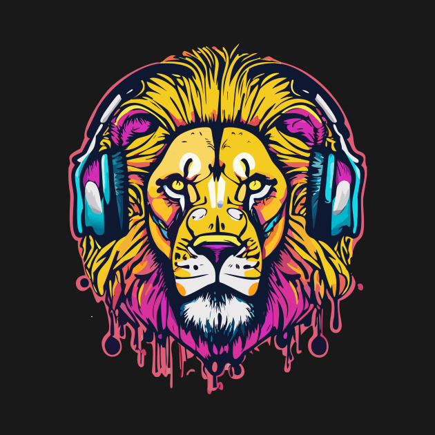 t-shirt design, colorful lion with headphones on, graffiti art by goingplaces