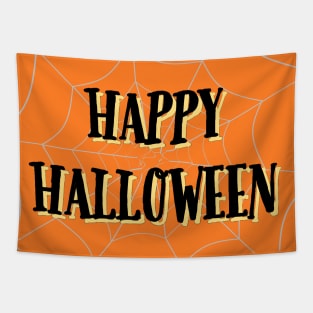 Happy Halloween Spider Web with Black Lettering on Orange Background Tapestry