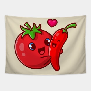 Cute Tomato Hug Chili Couple Cartoon Tapestry