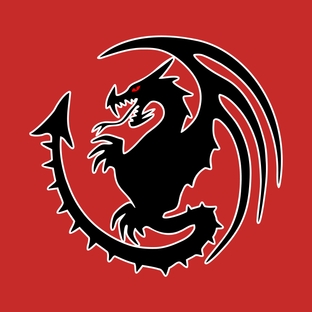 Round Black Dragon Design On Red Background by LuckDragonGifts