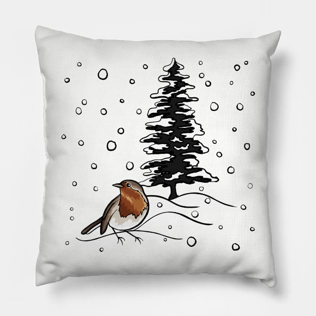 Robin and Snow Covered Trees Digital Illustration Pillow by AlmightyClaire