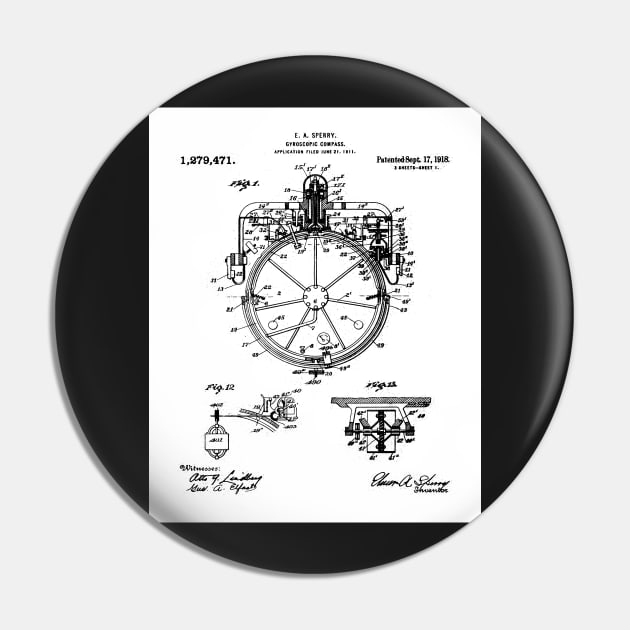 Gyrocompass Patent - Sailor Sailing Boat Lake House Art - White Pin by patentpress