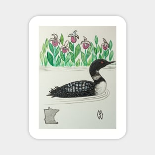 Minnesota state bird & flower, the loon and pink-and-white lady's slipper Magnet