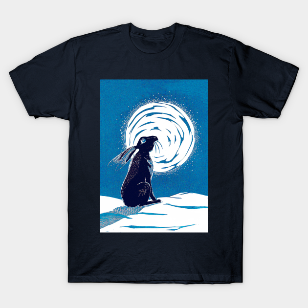 Discover Moon Gazing Hare in Winter Linocut in Blues - Hare - T-Shirt