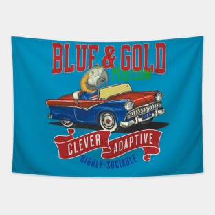 Funny and cute African Blue & Gold Macaw bird driving a classic vintage car with red white and blue flags tee Tapestry