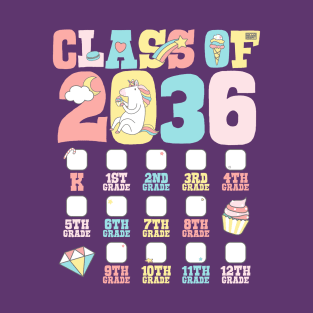 Cute Unicorn Graduation Class of 2036 Grow with Me Checklist T-Shirt