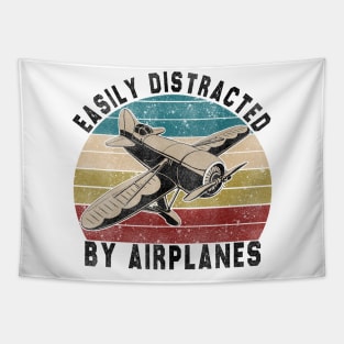 Easily Distracted By Airplanes Retro Airplane Funny Pilot Tapestry