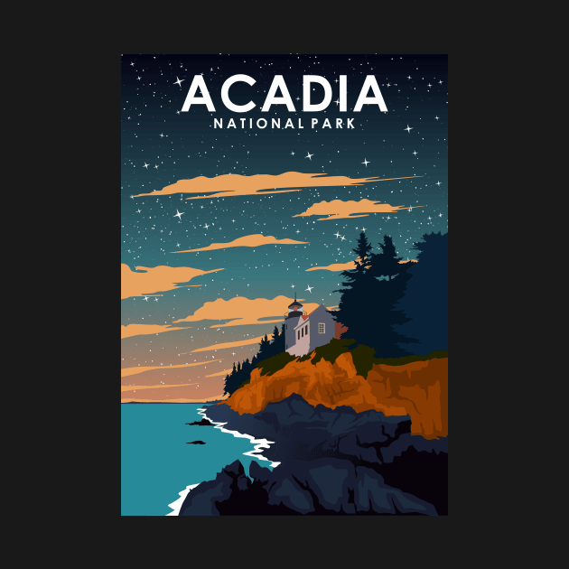 Acadia National Park at Night Vintage Minimal Retro Travel Poster by jornvanhezik