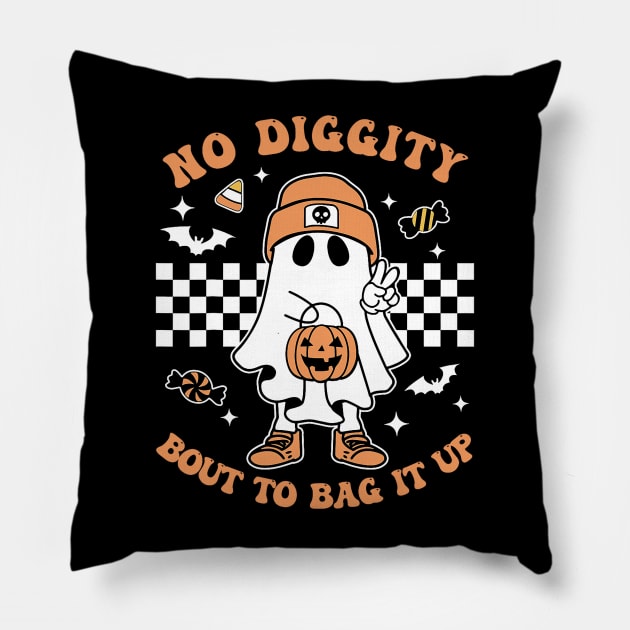 Retro Halloween Kids No Diggity Bout To Bag It Up Ghost Pillow by patelmillie51