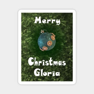 Merry Christmas Gloria - Green Glitter Ball Ornament with Beaded Flowers :) Magnet