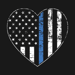 Thin Blue Line Distressed American Flag Heart T-Shirt