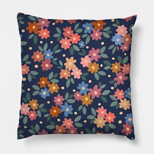 AFP22-02-ai Daisy field with leaves and polka dots oranges and blues on navy-blue -02 Pillow