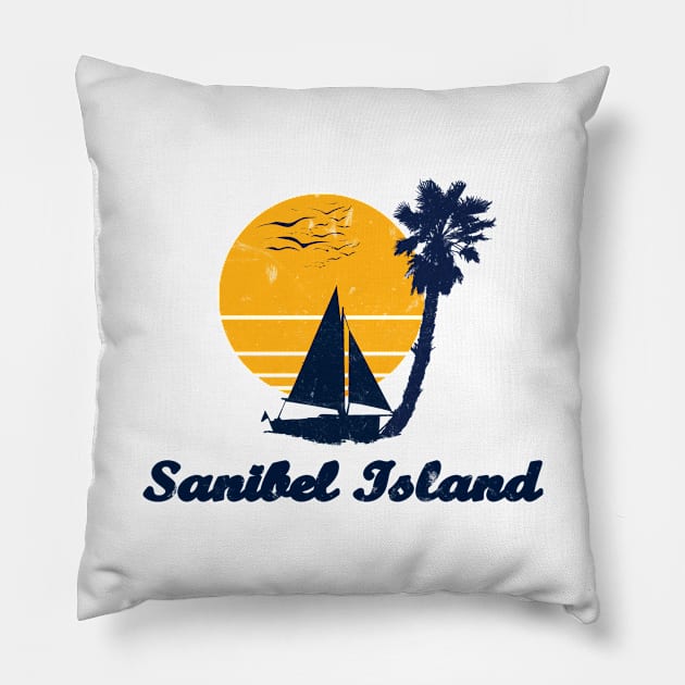 Sanibel Island. Sunset Palm Tree Sailor Bot Summer Design Pillow by FromHamburg