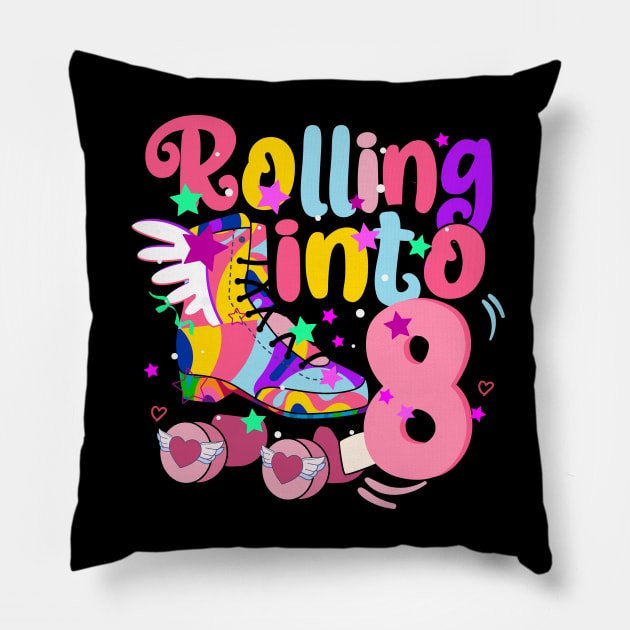 rolling into 8 - 8th birthday girl roller skates theme party Pillow by savage land 