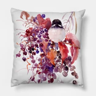 Cute Bird Chickadee and Fall Foliage Pillow