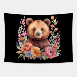 A brown bear decorated with beautiful watercolor flowers Tapestry