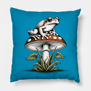 Frog perched atop a mushroom Pillow