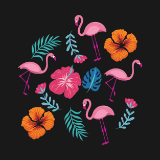 Pink Flamingo Hibiscus Tropical Flowers Pattern T-Shirt